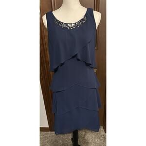 SL Fashions Navy Cocktail Sleeveless Party Dress With Jeweled Accents Size 8